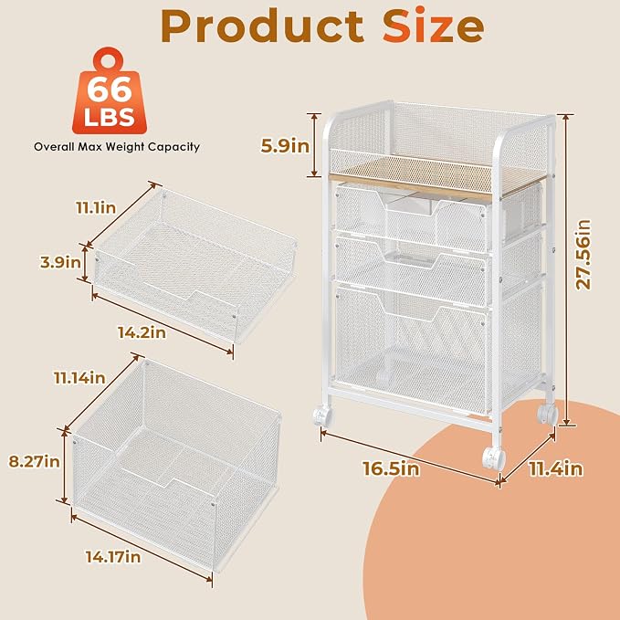 4-Tier Rolling Utility Cart with 3 Drawers-White Craft Organizers and Storage with DIY Dividers, Under Desk Cart with Lockable Wheels, Craft Cart Art Cart for Brushes Artifacts Patent Pending