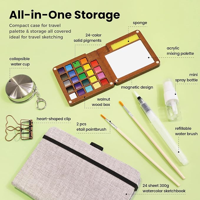 Pagather Travel Watercolor Travel Set, 24 Colors Mini Portable Paint Kit | Includes Water Brush and Compact Design, Perfect for Beginners, Hobbyists and Artists to Create Beautiful Paintings Anywhere