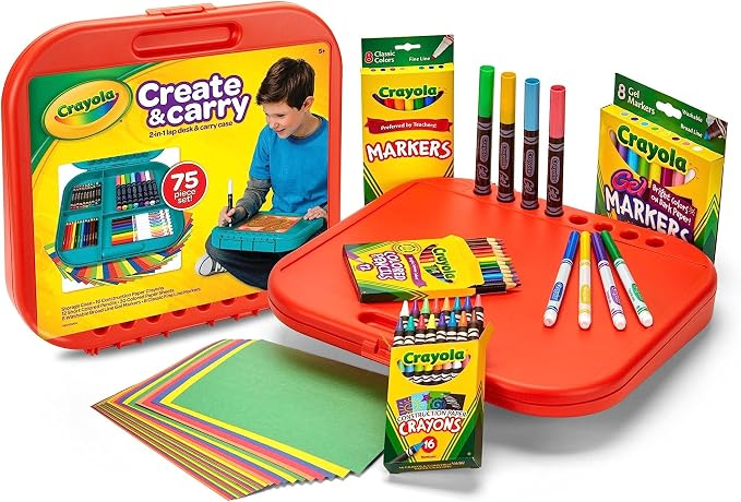 Crayola Create 'N Carry Travel Art Set for Kids (75pcs), 2-in-1 Lap Desk & Carrying Case, Essential Art Supplies Kit, Spring Crafting, Gift for Kids | Portable Art Set for Kids, Colored Pencils, Crayons, Markers, Drawing, Coloring, Crafting Gift for Bo...