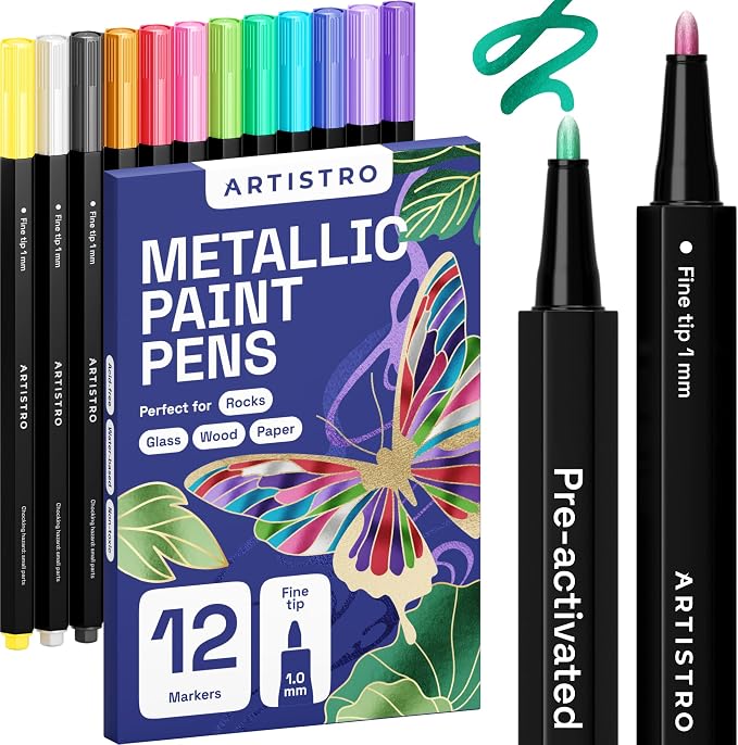 ARTISTRO 12 Metallic Paint Pens for Glass Marking - Extra-Fine Tip