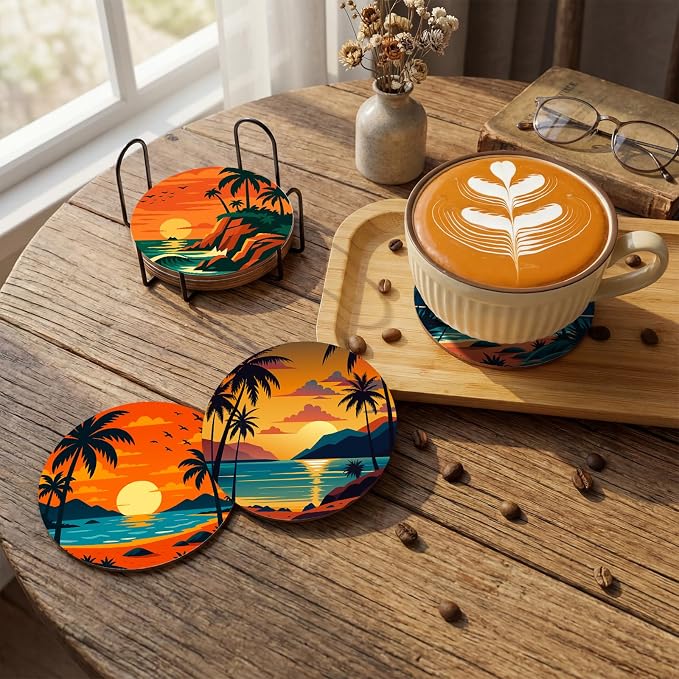 Reallnaive 8 Pcs Beach Paint by Numbers Kit for Adults Coastal Coasters | Mini Paint by Numbers, Tiny Palm Trees Sunset Round Oil Painting Drink Coaster with Holder, for Small DIY Craft Birthday Gift
