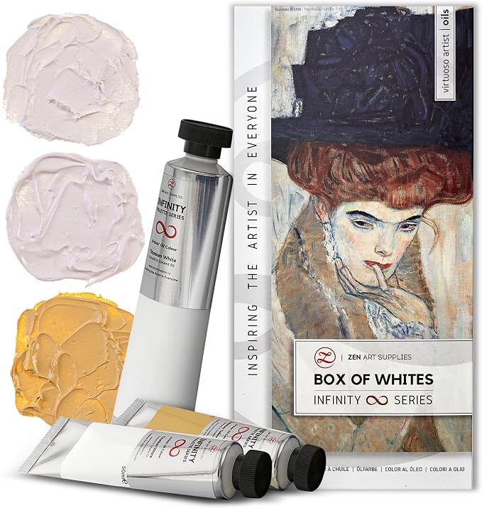 ZenART Professional Oil Paint Set - Artist Grade Box of Whites - 3 Tubes | Multi White Palette - Non-Toxic Large Tubes, Buttery Consistency, Rich Pigment, Lightfast Oil Paints for Artists & Beginners