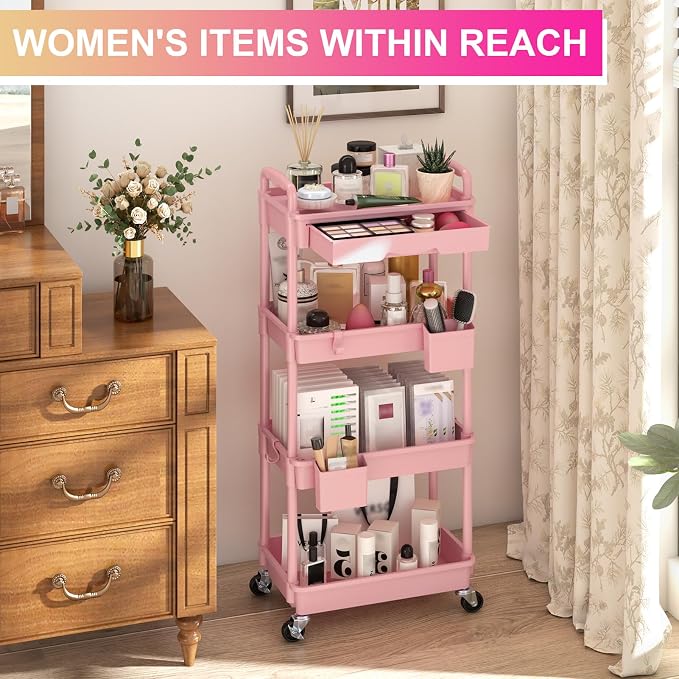 Goovilla 4 Tier Rolling Utility Cart Organizer with Removable Drawer, Pink | Stable and Sturdy Rolling Storage Carts with 2 Lockable Wheels for Bathroom, Kitchen, Snack, Craft, Makeup, Baby Essentials