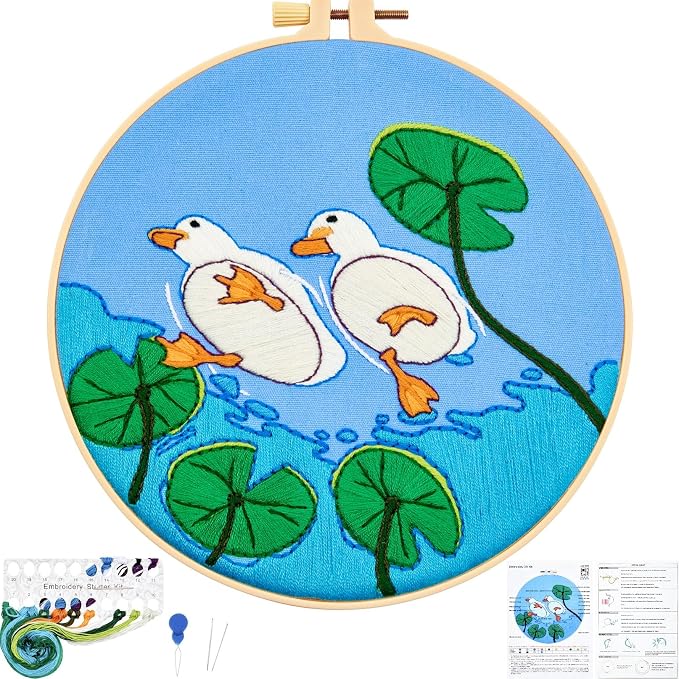 Duck Hand Embroidery Kits for Beginners Adults, Animal DIY Embroidery Starter Kit, Stamped Cross Stitch Kits for Beginner Craft Kits for Adult Women, Entire Set of Embroidery Supplies & Video Tutorial