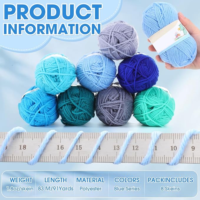 Buryeah Blue Series 8 Packs Crochet Yarn Knitting Bundle Beginner Acrylic Thread Fluffy Hand Tube Polyester Yarn Needles Bulky Kit Variety Pack 726 Yards for Weaving Crafts DIY Project Beginner