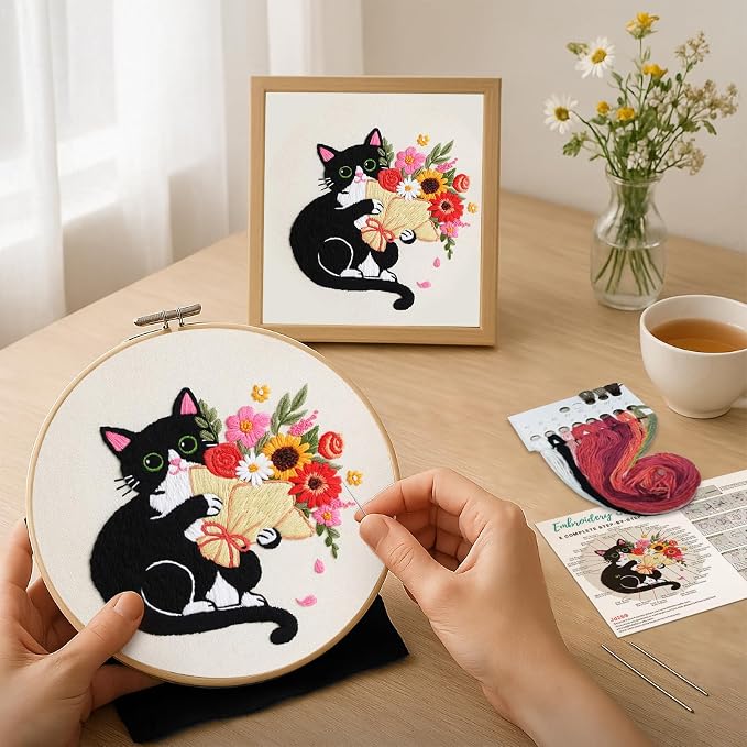 Nuberlic Embroidery Kits for Beginners with Cat and Flower Pattern | Cross Stitch Starter Craft Kits for Adults Including Cloth with Pattern, Hoop, Needles Instruction and Threads