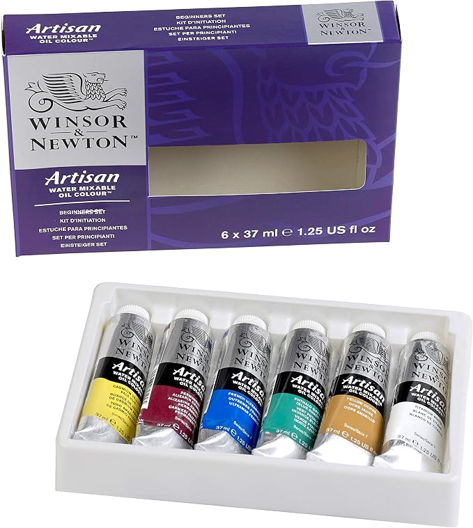 Winsor & Newton Artisan Water Mixable Oil Paint, Beginner's Set 6 x 37ml | Clean with water; no solvents needed. Color depth, lightfastness, opacity/transparency are the same as traditional oils.