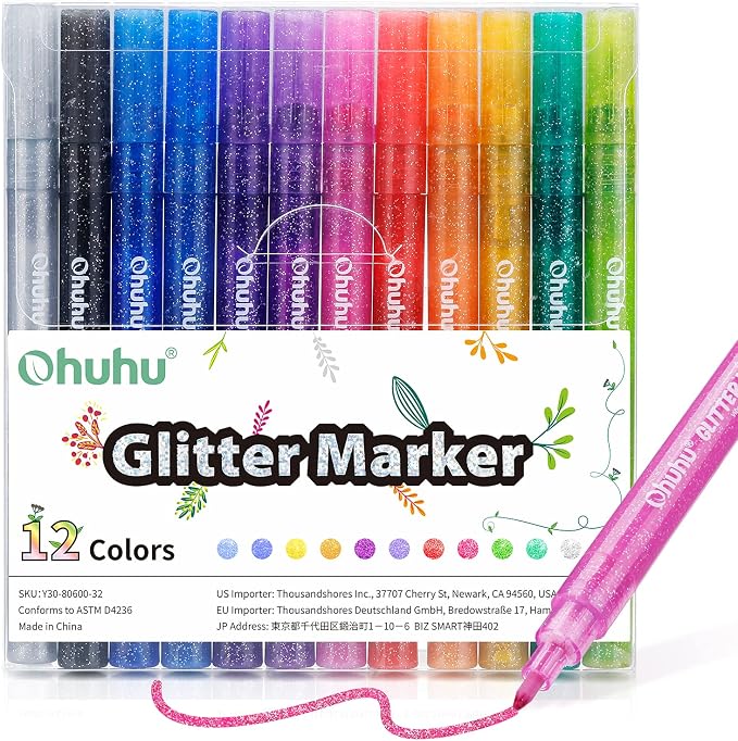 Ohuhu Glitter Marker Pens 12 Colors Fine Tip for Painting Coloring Crafts