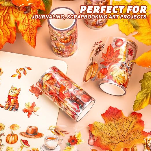 JarThenaAMCS 39.2 Ft Fall PET Washi Tape Autumn Orange Transparent Adhesive Masking Tape for Cut & Use as Thanksgiving People Stickers Scrapbook Journal DIY Crafts Wrapping,4 Rolls