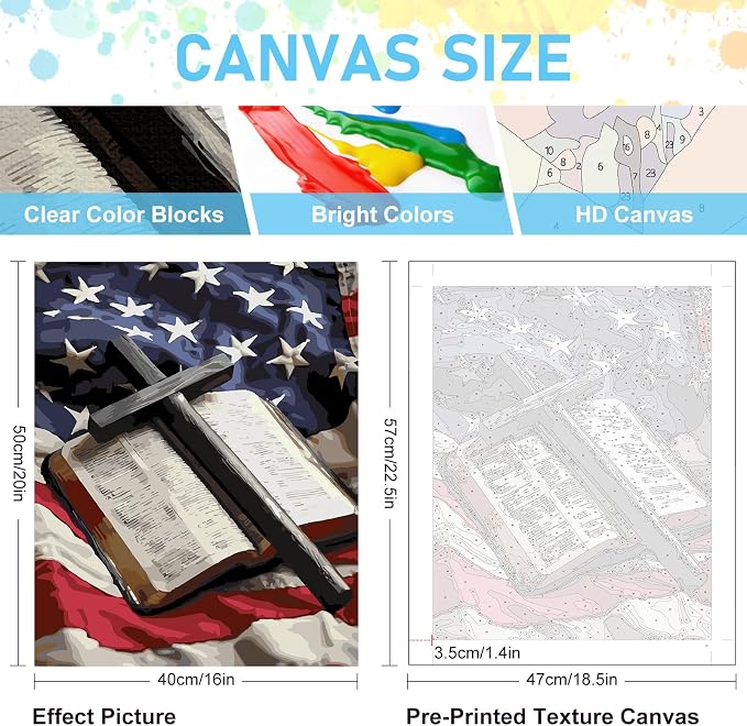 Paint by Numbers Kit for Adults, Flag Cross DIY Acrylic Canvas Painting Set | 16x20 Inch, Religious Christian Bible Number Painting Craft Kit, Home Wall Decor, Stress Relief Relaxing Hobby Gift
