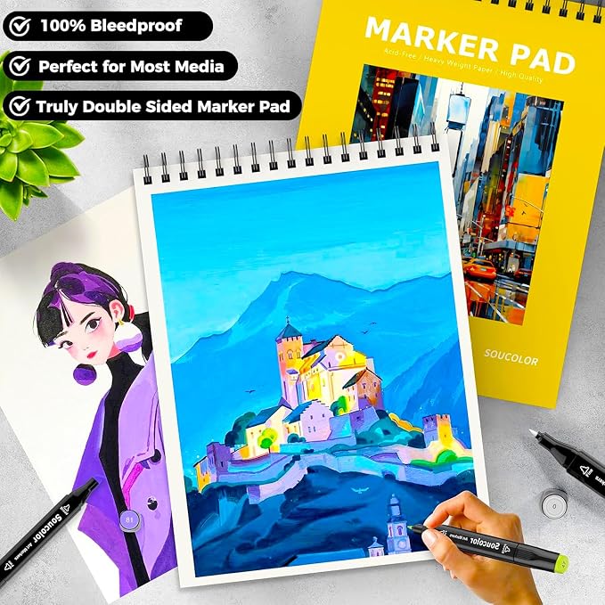 Soucolor Marker Paper Sketchbook,Bleedproof Maker Paper 9"x12" | Professional Bleedproof Marker Pad for Alcohol Markers 100 Sheets 73lb/120gsm Thick No-Penetration Drawing Paper