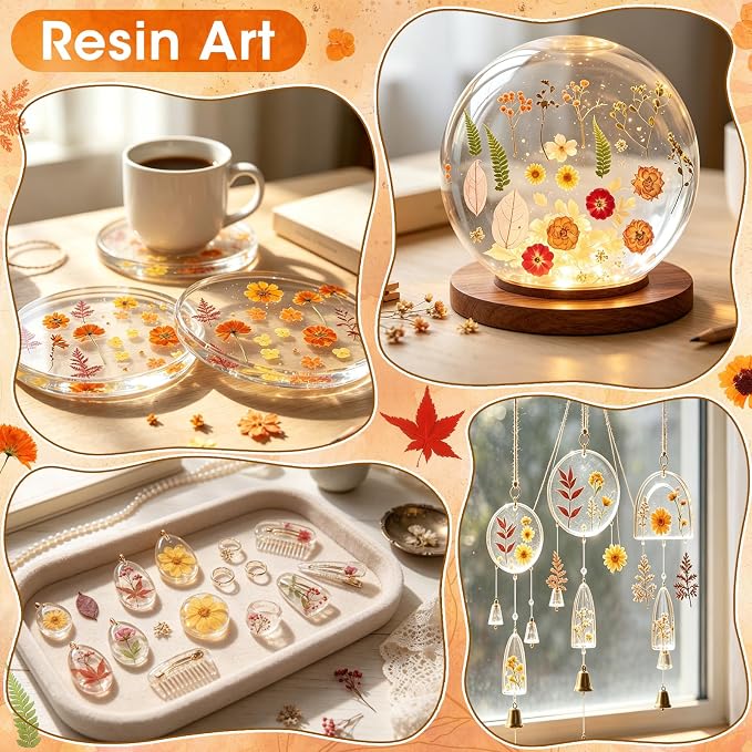 170 PCS Fall Dried Pressed Flowers with Tweezers, Real Nature Dried Flowers Orange Autumn Pressed Florals Set for Resin Scrapbooking Vase Candle Making Card Scrapbook Craft Floral Decors