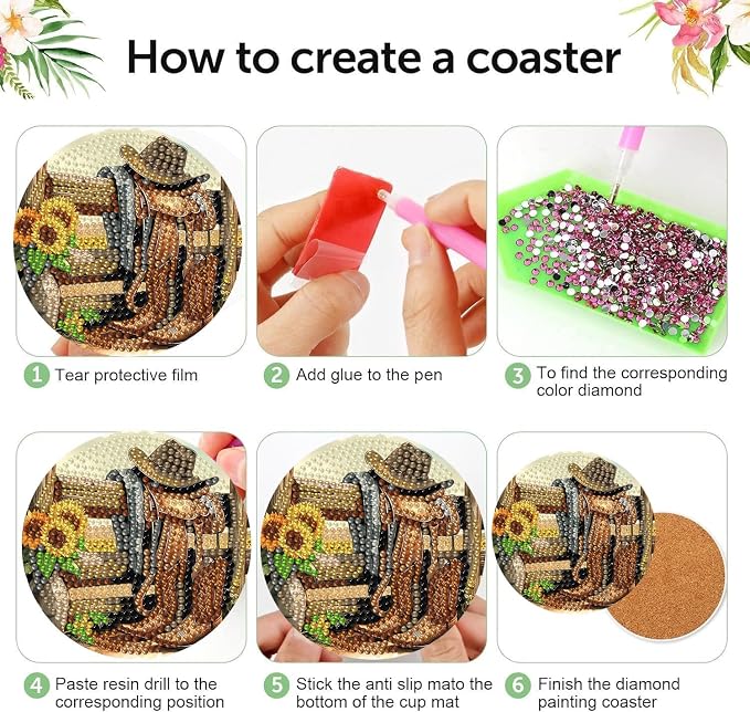 8 Pcs Diamond Art Coasters Kits, Cowboy Boots Diamond Painting Coasters Kit