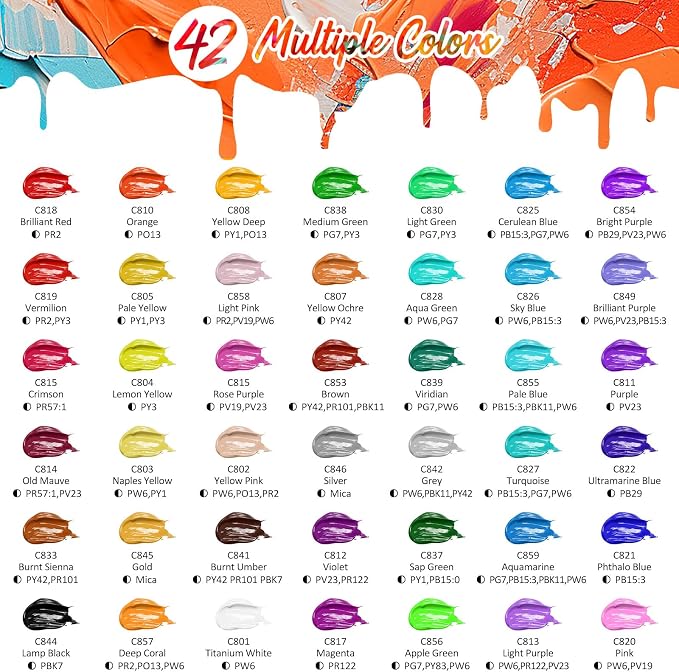 Caliart 42 Colors Acrylic Paint Set with 12 Brushes | Craft Painting kit for Adults Artists Beginners, Rich Pigment Non-toxic, Canvas Wood Rock Pumpkin Ceramic Art Supplies Paint