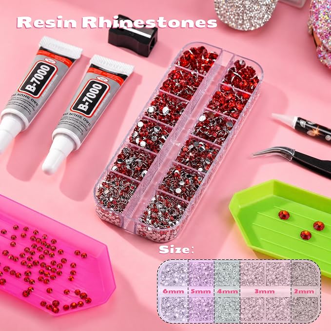 25000 Pcs Resin Jelly Rhinestones Kit, Red 2/3/4/5/6mm Flatback Rhinestones with 2 Pcs B7000 Jewelry Glue & Tools, All-in-One Bedazzling Kit for DIY Arts & Crafts Gifts
