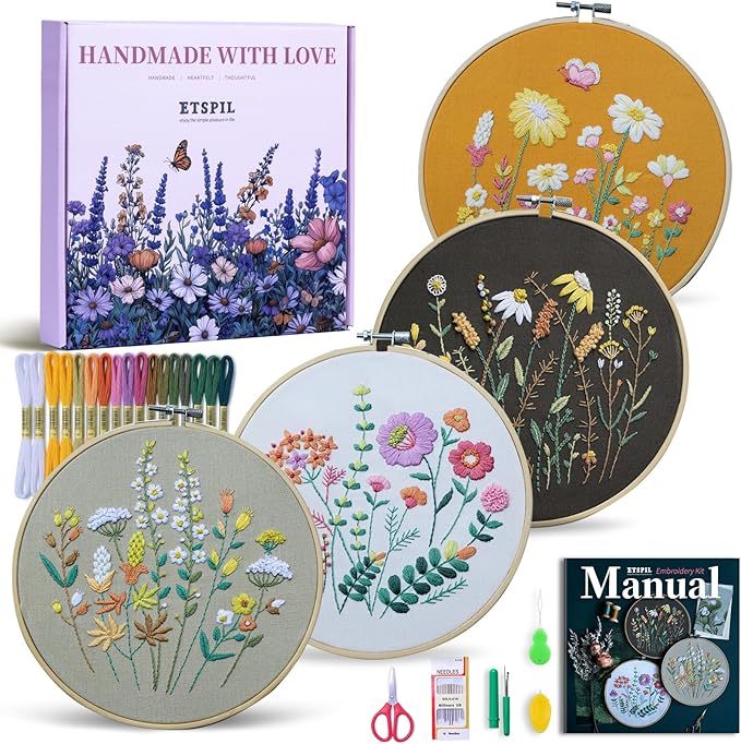 ETSPIL Embroidery Kit for Beginners, 2 Hoops, 4K Video, 4 Floral Patterns | Stitch Side by Side. Lines Fade as You Stitch. All Tools Included. Easy to Start, Weekend Family Craft