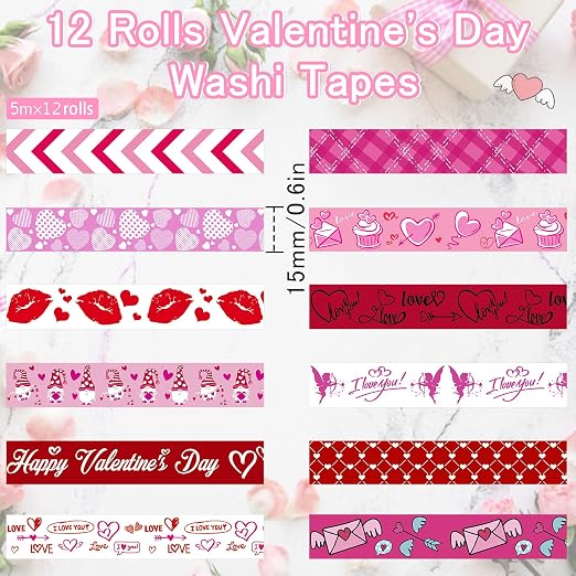 SANNIX 12 Rolls Valentine's Day Washi Tape 15mm Red Pink Love Valentines