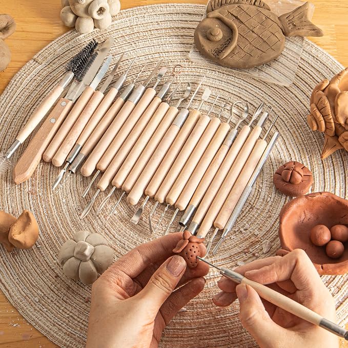 22PCS Wooden Pottery Sculpting Tools, Wood Clay Cleaning Tool Set, Ceramic Modeling Tool for Carving, Molding, Cutting, Trimming, Pottery Wheel, Crafting Supplies, Beginners, Adults, Students