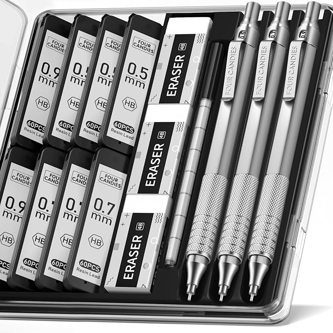 Four Candies Metal Mechanical Pencil Set, 3PCS, 0.5 & 0.7 & 0.9mm, Silver