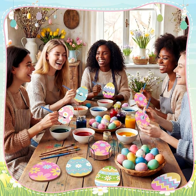 Reallnaive 8 Pcs Easter Eggs Paint by Numbers Kit for Adults Wooden Coaster | Mini Paint by Numbers, Tiny Cute Round Oil Painting Drink Coaster with Holder, for Small DIY Craft Birthday Gift