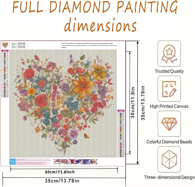 BYGFHLYW 5D Diamond Painting Kits for Adults, Heart Flower Diamond Art Kits | DIY Full Drill Diamond Dot Gem Painting for Home Wall Decor 13.78x13.78inch