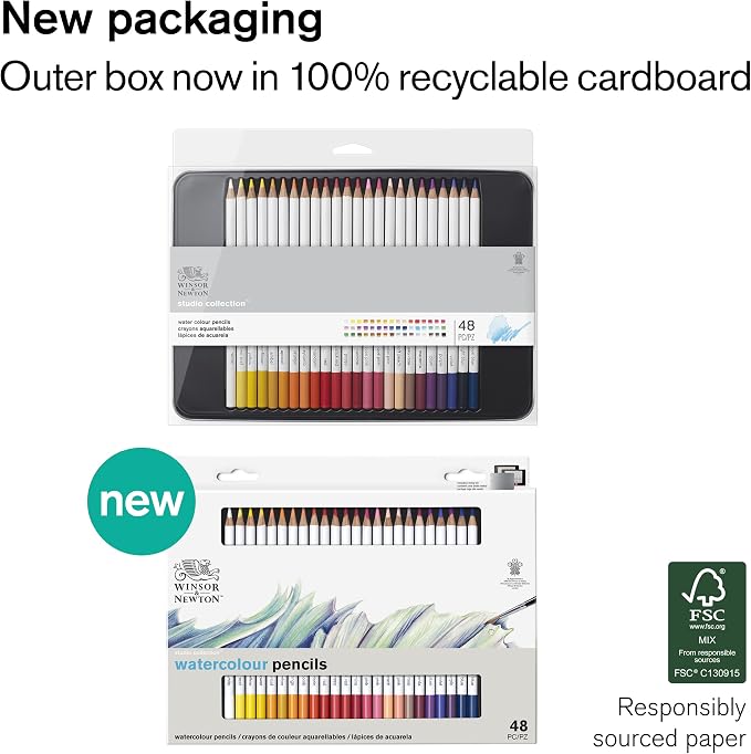 Winsor & Newton Studio Collection, Watercolour Pencil Tin, 48 piece | Highly pigmented, Wax-Based, Can be Used Wet/Dry, Add Water & Brush to Create Painterly Effects, Break-Resistant Points.