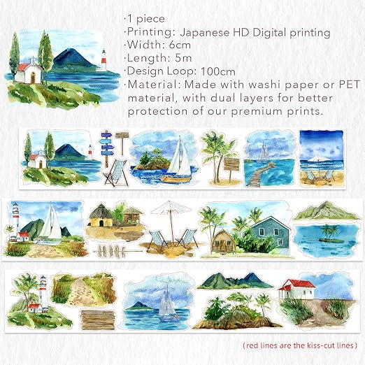 WT Pre-Cut Summer Bliss Japanese Washi Tape for Journaling & Scrapbooking