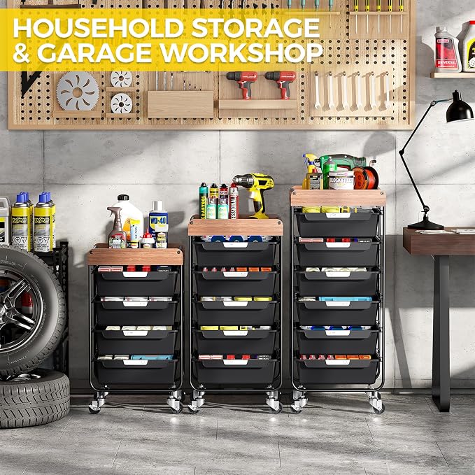 SYKIARIOL Utility Cart with 5 Labeling Drawers and Wooden Tabletop,Black | Rolling Storage Cart for Crafters, Artists, Kids, Teachers, and Students – Organize Arts, Crafts, Sewing & Study Supplies