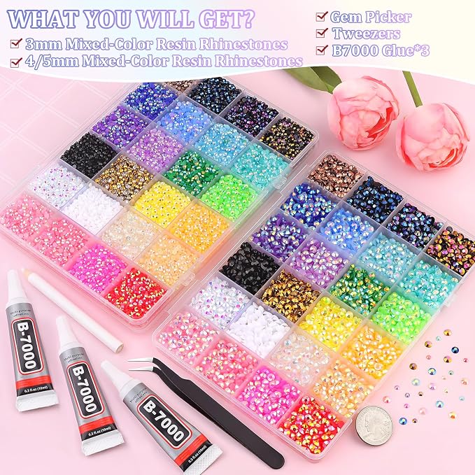 2 Boxes Jelly Rhinestones for Bedazzling, 40000Pcs 3/4/5mm Multicolor Flatback Resin Gems for Crafting, Bedazzler Kit with 3Pcs 10ml B7000 Jewelry Glue for DIY Crafts Tumblers Fabric Decor Nail Art