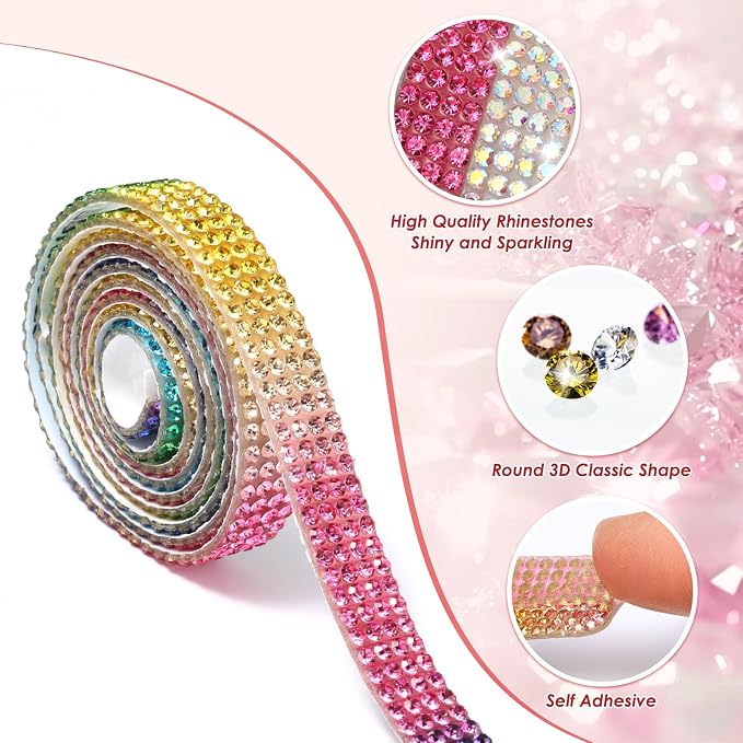 Rhinestone Ribbon Self Adhesive Crystal Rhinestones, 9-Rolls Bedazzling Strips, 9-Yard Rhinestone Strips for DIY Craft, Rhinestones Tape Self Adhesive