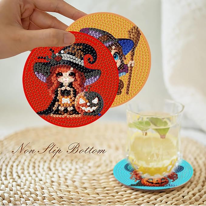 askkqtx 8 Pcs Halloween Diamond Art Coasters Kits with Holder 4X4 Inch