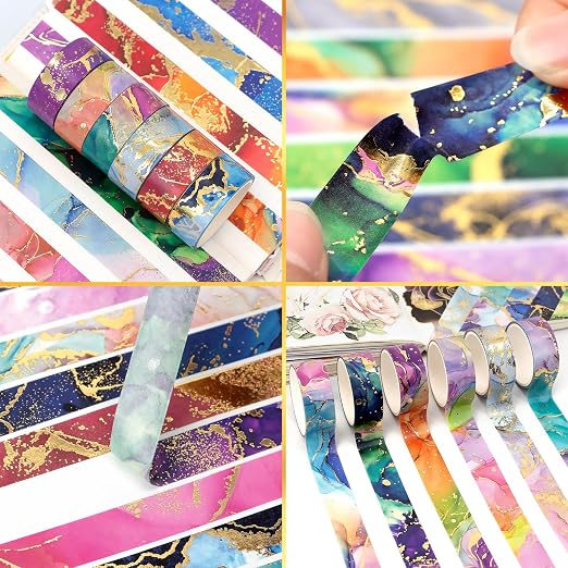 NANYNNU Gold Washi Tape Set - 24 Rolls Metallic Foil Marbling Washi Tape, Decorative Washi Tapes for Junk Journal Supplies, Bullet Journal Supplies, DIY Crafts, Scrapbooking, School Supplies
