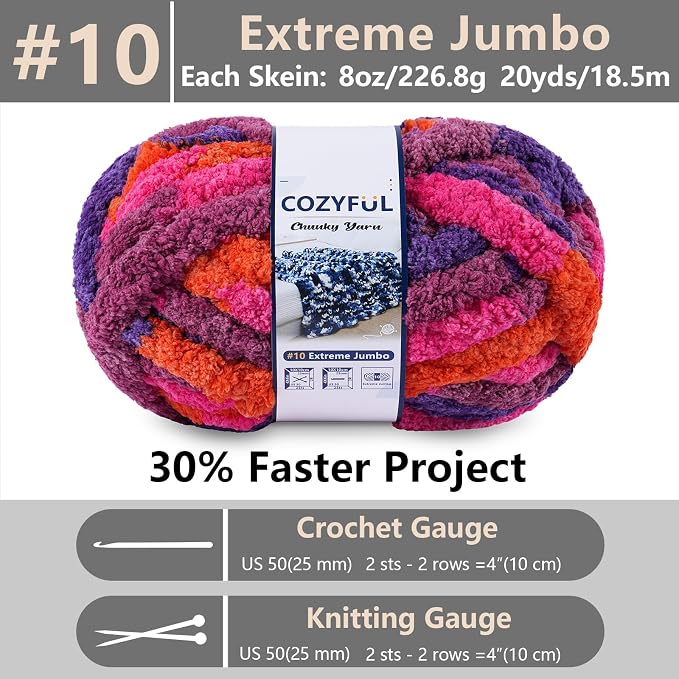 Cozyful Chunky Yarn for Hand Knitting - #10 Chunky Chenille Blanket Yarn, Jumbo Big Thick Chunky Yarns for Crocheting, Tie Dye Bulky Knit Yarns, 8 Skein (20 yds 8 oz Each Skein), Orange&Rose&Purple