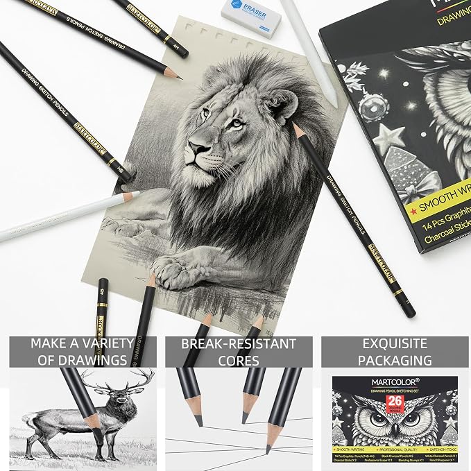 MARTCOLOR 26 Pcs Drawing Sketching Pencil Set, Graphite Pencils (14B-4H) | Charcoal Pencils, Charcoal Sticks, Blending Stump, Eraser, Sharpeners, Artist Pencils for Beginners & Pro Artists
