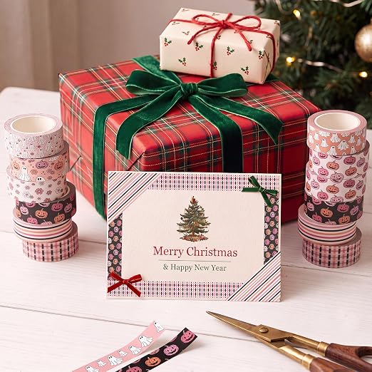 12 Rolls Floral Washi Tape Set,Pink,Halloween | Cute Ghost Pumpkin Design for Christmas Scrapbook Journal DIY Craft Supplies, 15 mm Vintage Decorative Masking Washi Tapes