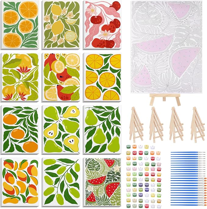 RoundFunny 12Set Paint by Numbers Kit for Adult Summer Fruit Painting 8x10 | with Wooden Frame Easel Acrylic Paints Brushes Watercolor Oil, DIY Stress Relief Paint by Number for Beginner Home Wall Decor