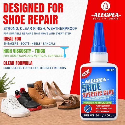ALECPEA Shoe Glue for Sole Repair, Thick Clear Adhesive, 30g with 3 Tips