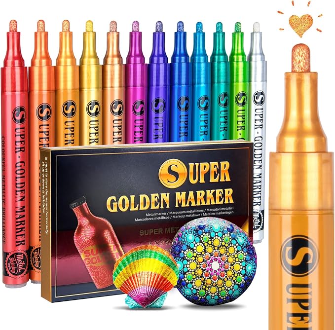SAKEYR Super Golden Metallic Paint Markers, 12 Colors Sparkle Metallic Glitter Markers, Acrylic Paint Pens for Rock Painting, Glass, Wood, Fabric, Black Paper, Cards, Scrapbook, DIY Art Crafts (2-3mm)