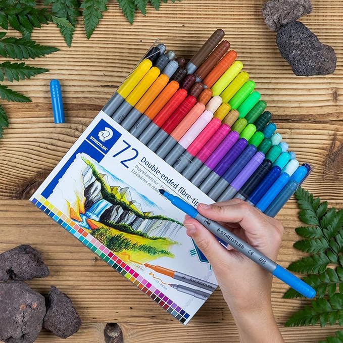 STAEDTLER 3200 TB72 Design Journey Double-Ended Fibre-Tip Pens with Two Nibs - Narrow and Wide, Pack of 72