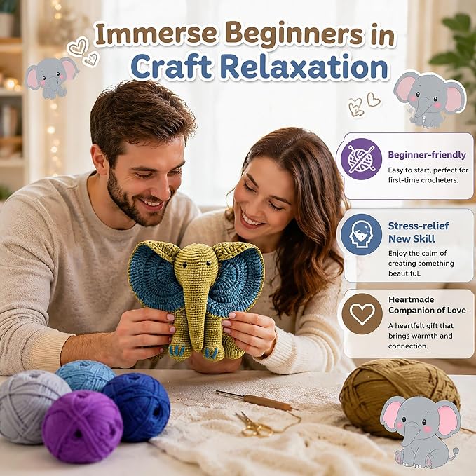 JYZJDKE Crochet Kit for Beginners Adults - DIY Amigurumi Elephant Knitting Starter Kit with Yarn Sets, Crochet Animal Kit Cute Stuffed Animal Craft Birthday Gifts (Dark Blue+Ginger Elephant)