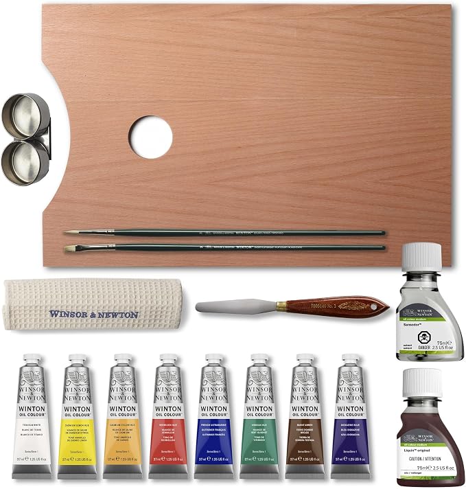 Winsor & Newton Winton Oil Colour, Wooden Paint Set 8 x 37ml Tubes (includes Liquin, Sansodor, 2 Brushes, Knife, Cloth, Godet)