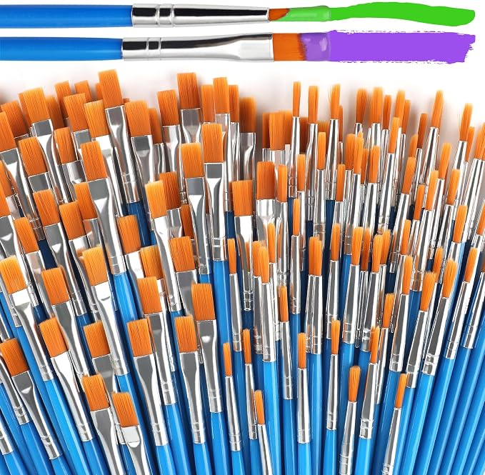 Halobios 100 Pcs Paint Brushes Set for Acrylic Painting, 50 Pcs Flat and 50 Pcs Round Art Paint Brushes, Painting Brushes for Kids Adults Oil Watercolor Rock Painting Body Face Nail Art