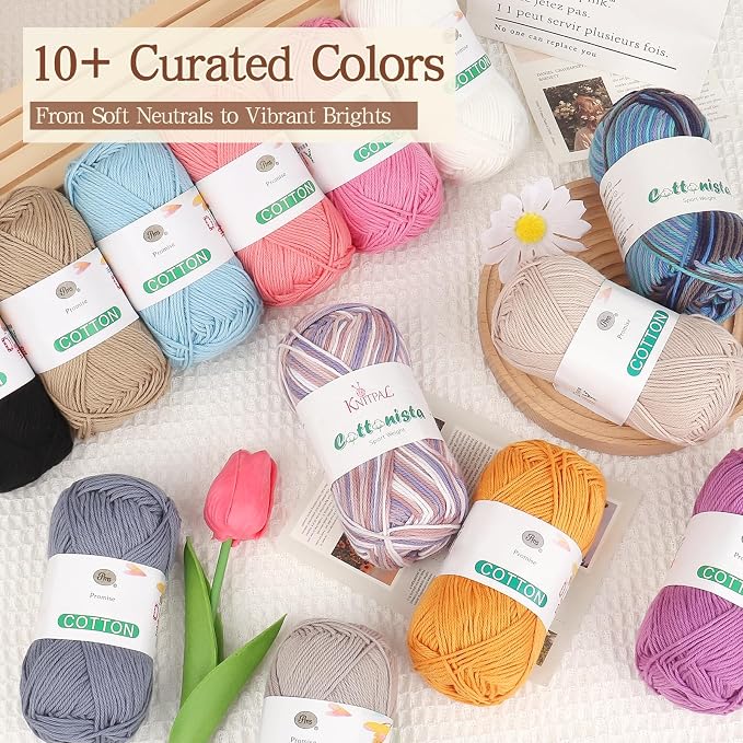 Katech 1OO% Cotton Yarn for Crocheting & Knitting–Baby Cotton Yarn (B) | 12-Color of 137 Yards/1.76 oz Sport Weight CYC #2-Soft & Breathable-Ideal for Dishcloths, Baby Clothes, Potholders & Crafts