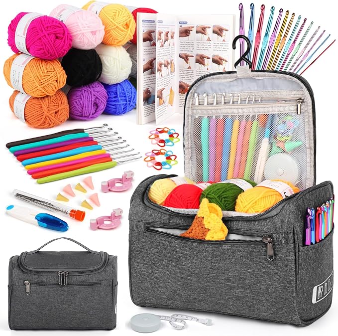 Aeelike Crochet Kit for Beginners Adults Kids, Complete Crochet Kits, Gray | Crochet Kit for Beginners Young and Old, All-inclusive Kit with Crochet Hooks 655 Yards Yarn Instruction Knit Bag, Ideal Gift