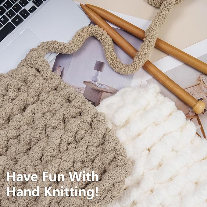 Cozyful Chunky Yarn for Hand Knitting - #10 Chunky Chenille Yarn, Jumbo Big Thick Chunky Yarns for Crocheting, Super Bulky Chunky Knit Blanket Yarns, 8 Skein (22yd, 8oz/Skein), Cream & Khaki