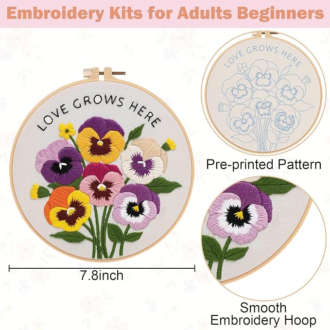 Nuberlic 3 Pack Embroidery Kit for Beginners, Floral Cross Stitch Kit
