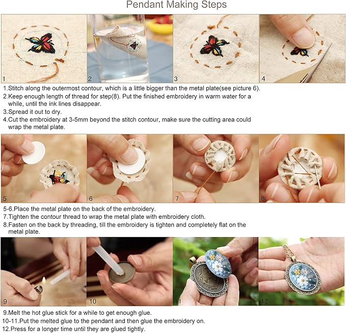 ZOCONE 4 Packs Embroidery Necklace Kits, Embroidery Pendant Kit Mini Cross Stitch Kit with 4 Hoops, Necklace, Pendant, Stamped Pattern Cloth, Instructions, etc., Embroidery Kits for Adults