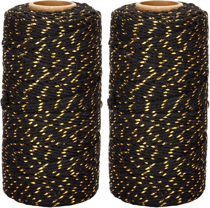 jijAcraft 328Ft Twine String, 2MM Black Gold Christmas Cotton String, Bakers Cotton Twine, Heavy Duty Crafts String for Gift Wrapping, Greeting Cards, Hanging Photo (Pack of 2)