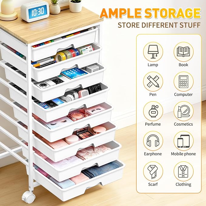 SUNALLY Rolling Cart With 8 Drawers,Storage Drawer Cart for Craft Art,White | Storage Utility Cart with Wooden Tabletop & 2 Lockable Wheels, Teacher Storage Cart for Classroom School Storage, Makeup,Nail