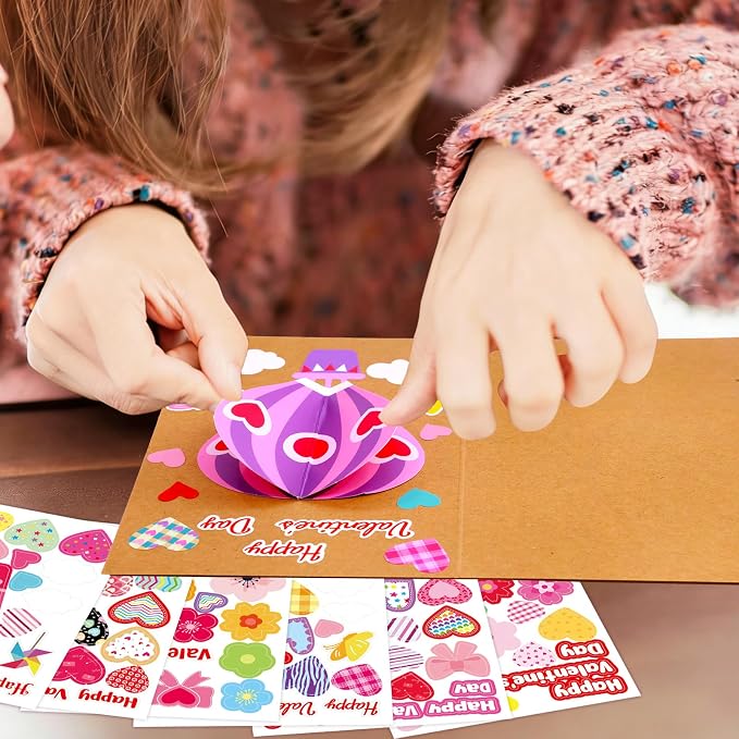 ceiba tree Valentine's Day Crafts for Kids Cards Making Kits 12 Pcs DIY 3D Hot Air Balloon Bouquet Greeting Card with Cutouts Sticker and Envelopes Bulk for Classroom Activities Party Favors